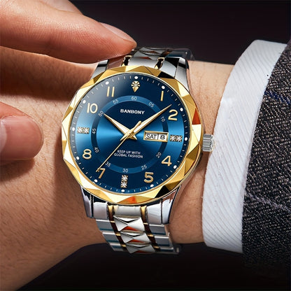 1 New BANBONY Brand Unisex Stainless Steel Quartz Watch with HD Scratch-Resistant Rhinestone-Embellished Simple Digital Round Dial, Luminous Display Date Calendar Battery-Powered Multifunctional Fully Automatic Wristwatch for
