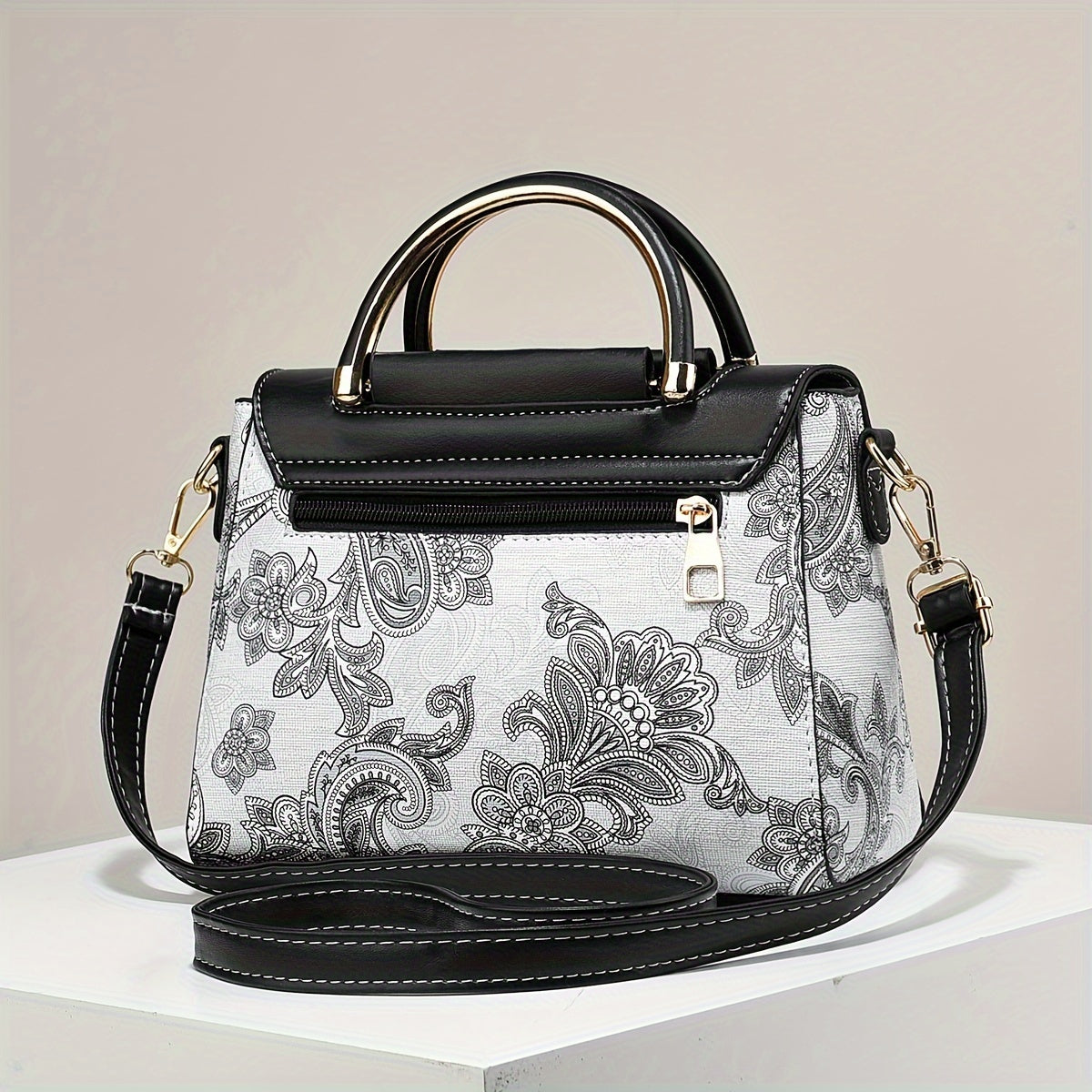 Elegant Floral Print Women'S Crossbody Bag with Magnetic Closure, Adjustable Strap, and Metal Swan Heart Charm, Synthetic Faux Leather Shoulder Purse with Polyester Lining and Painted Edges, Ladies Bag