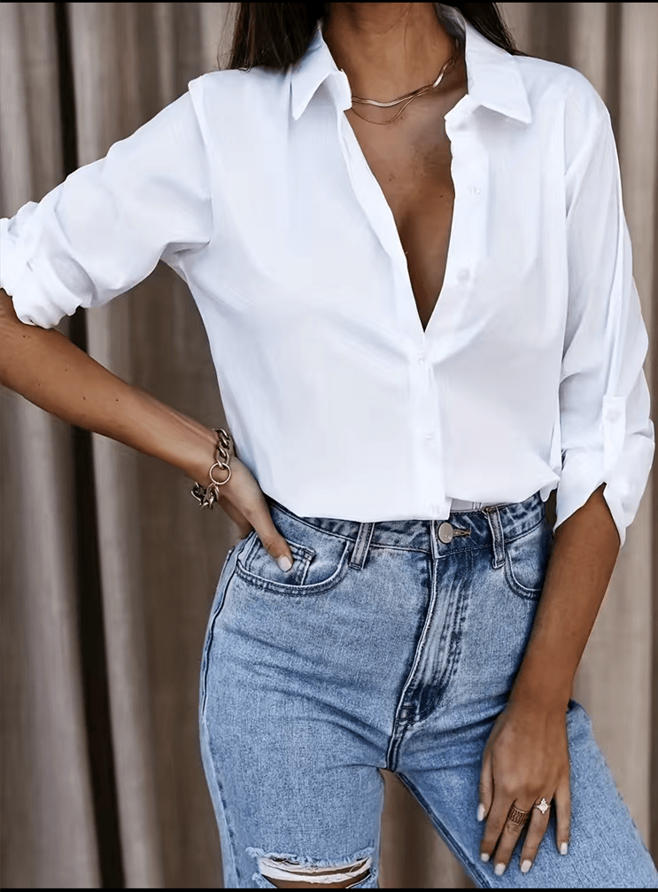 Solid Rollable Sleeve Shirt, Casual Button Front Work Office Shirt With A Collar, Women's Clothing