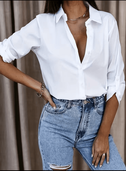 Solid Rollable Sleeve Shirt, Casual Button Front Work Office Shirt With A Collar, Women's Clothing