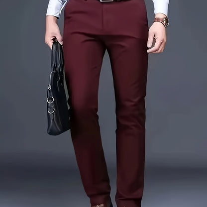 Men's Classic Business Dress Pants, Solid Color Casual Trousers, 100% Polyester, Regular Fit, with Zipper Fly, for Daily Wear and Gifting, All-Season, Allseason Trousers | Notch Lapel Design | Polyester Trousers