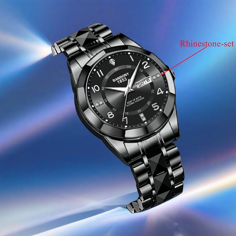 Banbony Women'S Quartz Watch - Luxury IPX7 Waterproof Stainless Steel Strap, Luminous Display, Rhinestone Accents, Date & Night Light, Minimalist Black Dial, Perfect Gift for Women, Casual Timepiece, Elegant Timepiece, Highqu