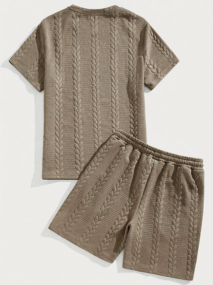 Casual Crew Neck Short Sleeve T-Shirt & Drawstring Shorts - Brown, Summer Outfit