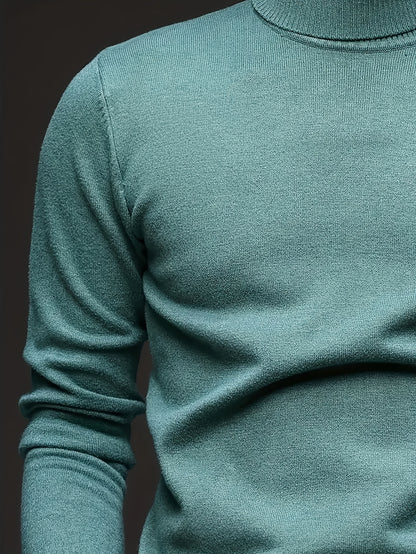 Men's Sleek Light Blue Turtleneck Sweater - Casual Knit Pullover with Ribbed Cuffs, Long Sleeves for Fall/Winter, Soft Viscose Blend