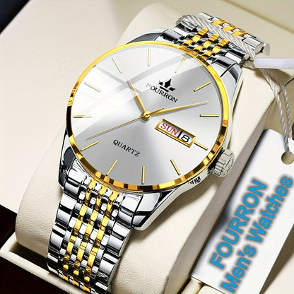 An Ideal Choice For A New FOURRON Brand Men's Luxury Stainless Steel Strap Simple Dial Quartz Watch With Date Calendar, Trendy Fashion Sports Casual Lifestyle Travel Multi-function Watch, Ideal For Friends' Birthdays, Holiday