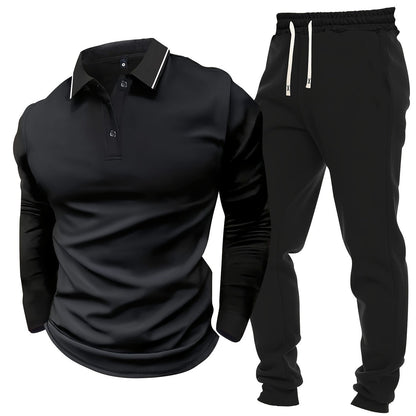 Men's Casual Color-Block Long Sleeve Button-Up Shirt & Drawstring Joggers Set - Polyester Blend, Pockets Included, Perfect for Spring/Fall