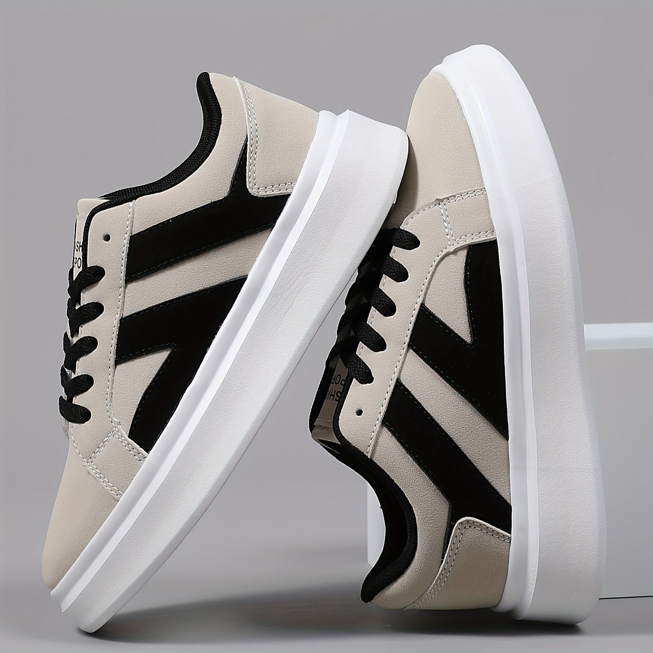 Men's Casual Athletic Sneakers - Comfortable Low-Top Lace-Up Shoes with Geometric Design, Black & Beige, EVA Sole, Microfiber Upper for Casual Attire and Sports