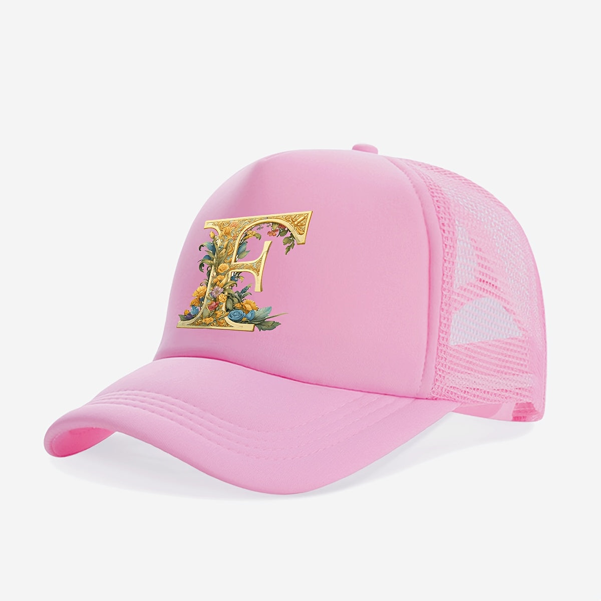 1-Pack Youngsters Trucker Hat with Golden Floral Letter A Design - Breathable Sun Protection, 100% Polyester, Adjustable Snap Closure, Pink for Spring/Summer Outdoor Play, Back to School, Thanksgiving, Teacher's Day (Ages 3-1