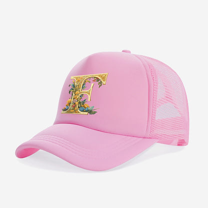 1-Pack Youngsters Trucker Hat with Golden Floral Letter A Design - Breathable Sun Protection, 100% Polyester, Adjustable Snap Closure, Pink for Spring/Summer Outdoor Play, Back to School, Thanksgiving, Teacher's Day (Ages 3-1