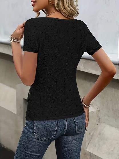 Women's Elegant Deep V-Neck Short-Sleeve Shirt with Cut-Out Details and Button Accents, Breathable Polyester Spring/Summer Top, Perfect for Casual or Formal Wear, Nian Nian Women's Shirts