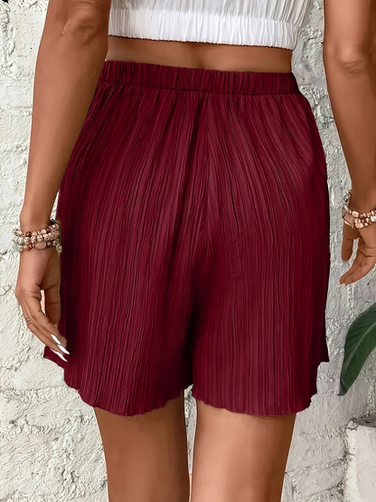 Solid Color Textured Shorts, Vacation Elastic Waist Loose Shorts For Spring & Summer, Women's Clothing
