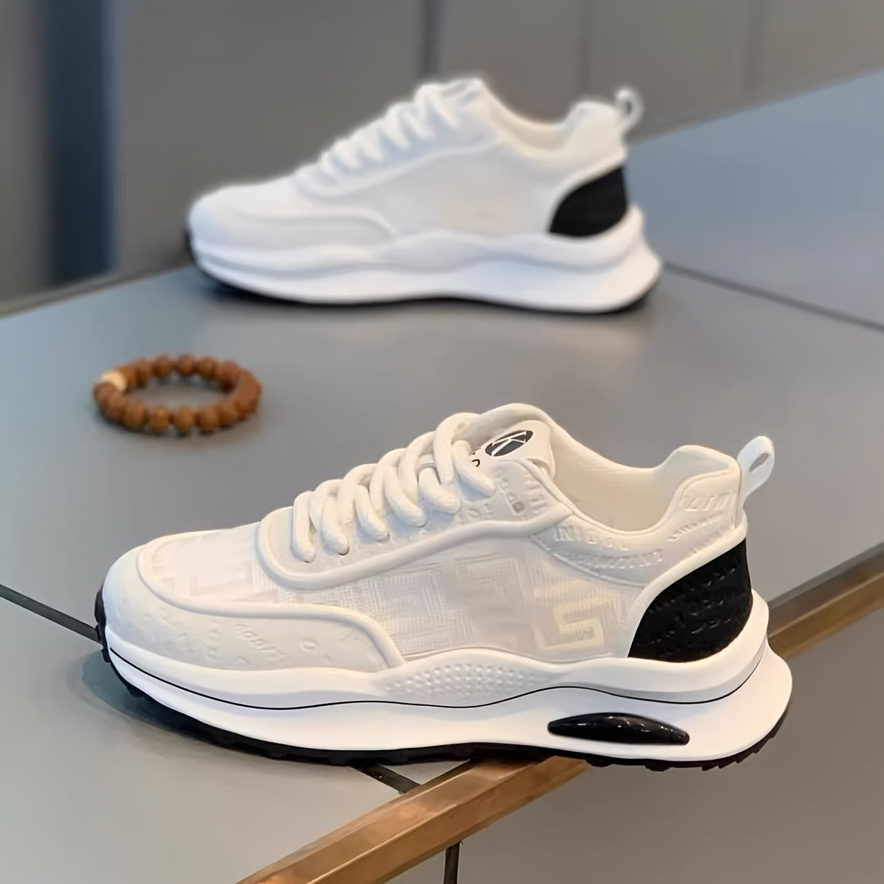 Men's Lightweight Breathable Low-Top Sneakers - PU Upper & PVC Sole, White/Navy/Red Accents, Lace-Up Round Toe for Casual, Outdoor, Running & Gym - All-Season Comfort Shoes, Casual Footwear, Geometric Pattern, Comfortable Fit