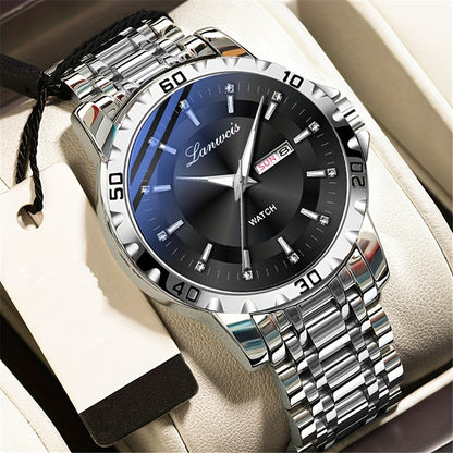 Luxury Men'S Quartz Watch - Sleek Round Dial with Dual Calendar, Luminous, Waterproof, Stainless Steel Band - Ideal Business Gift, Business Gift Watch|Minimalist Timepiece|Luminous Watch Face, Watch Accessories