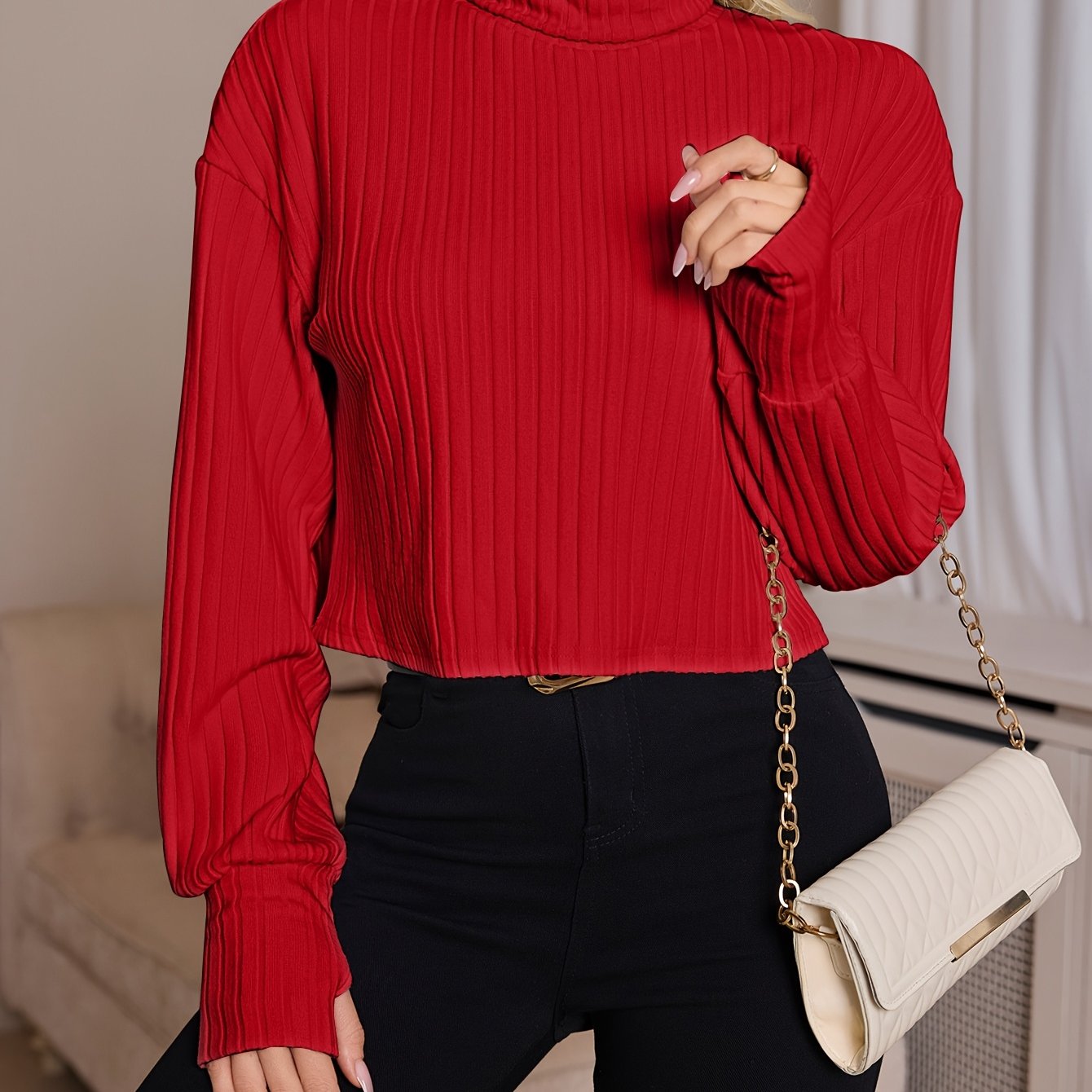 Women'S High Neck Knit Turtleneck T-Shirt, Solid Color Polyester 95% Spandex 5% Blend, Short Length, Fall/Winter Collection, 210g/m² Knit Fabric