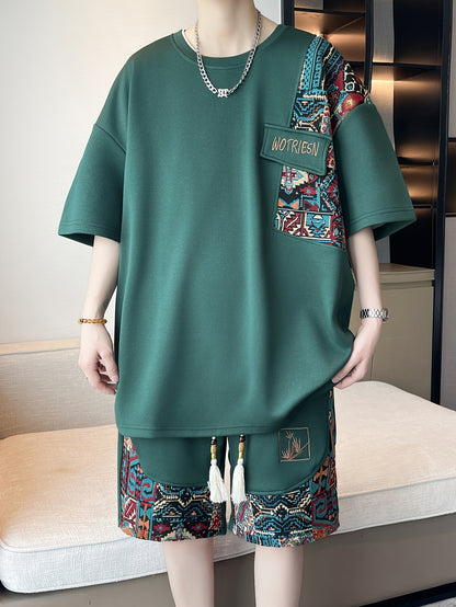 2pcs Men's Summer Casual Outdoor Set, Fashion Ethnic Style Round Neck Short Sleeve T-Shirt and Shorts Suit with Embroidery Design Loose Fit, Short Sleeve + Drawstring Shorts Combo, Suitable for Summer Outdoor Activities