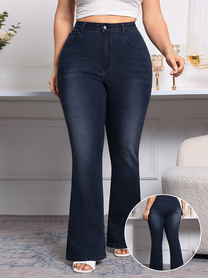 Plus Size Flare Leg Plain Washed Casual Style Zipper Button Closure Denim Pants, Women's Denim Jeans & Clothing