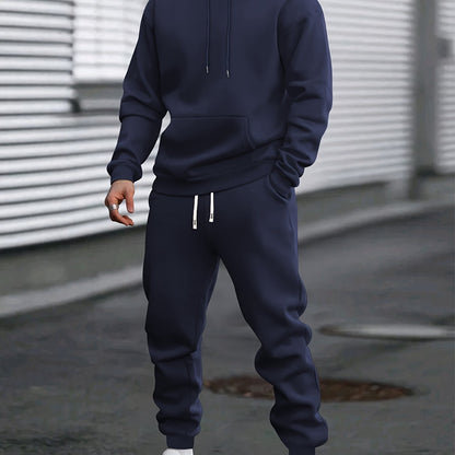 1set Men'S Casual Sports Suit, Polyester Hooded Sweatshirt and Jogger Pants Set, Solid Color, Elastic Waist, Cuffed Ankles, Knit Pullover with Pockets, Regular Fit for Outdoor Running and Jogging - Spring/Autumn Collection
