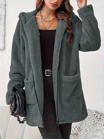 Women's Winter Elegant Solid Color Zipper Patch Pocket Long Sleeve Plush Hooded Coat