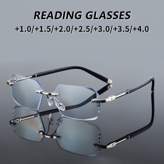 BOLOLOC Men'S Vintage Color-Changing Reading Glasses - Rimless, Diamond-Studded, Anti-Fatigue Metal Hinges, 100-400° Adjustable Strength for Travel, Office, and Home Computer Use, Computer Eyewear|Rimless Fashion Glasses|Pol