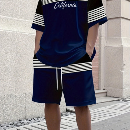 Men'S Athletic T-Shirt & Shorts Set - California Graphic, Blue & White, Drawstring Waist, Summer Sportswear, Regular Fit, Adult Exercise Gear, Athletic Apparel | California Design | Knit Constructio