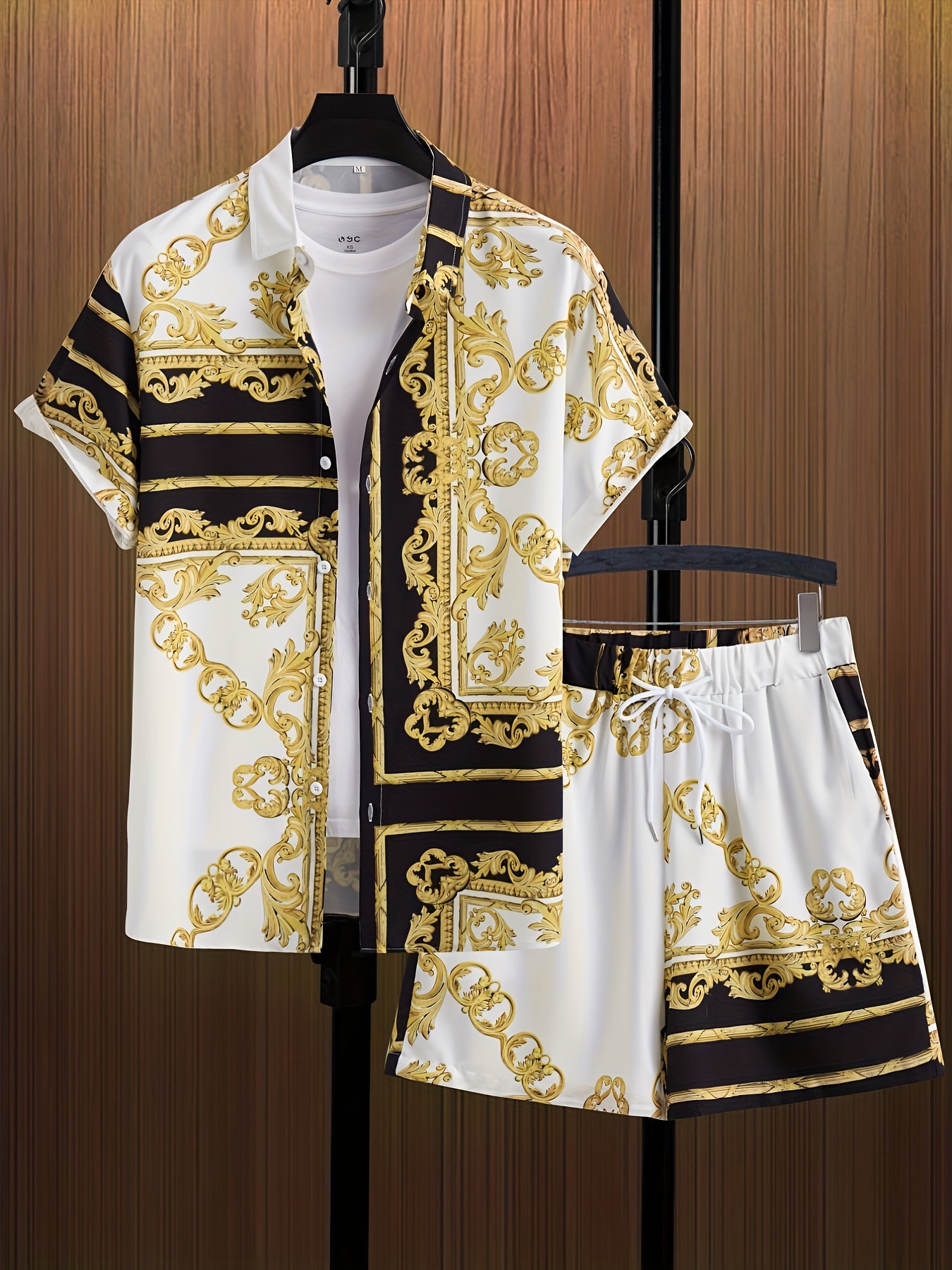 Men's Hawaiian Print Short Sleeve Shorts Shirt Set Loose Two-Piece