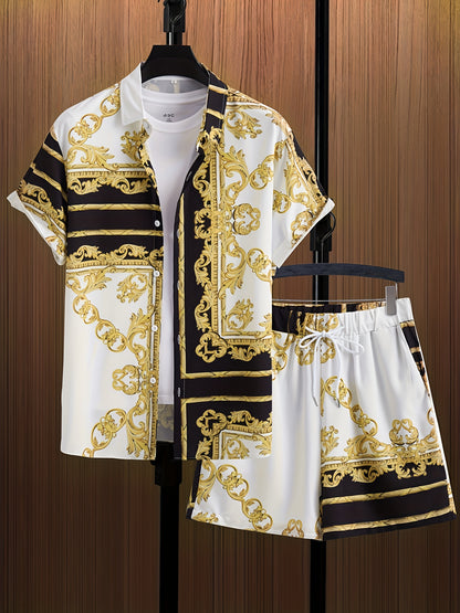 Men's Hawaiian Print Short Sleeve Shorts Shirt Set Loose Two-Piece
