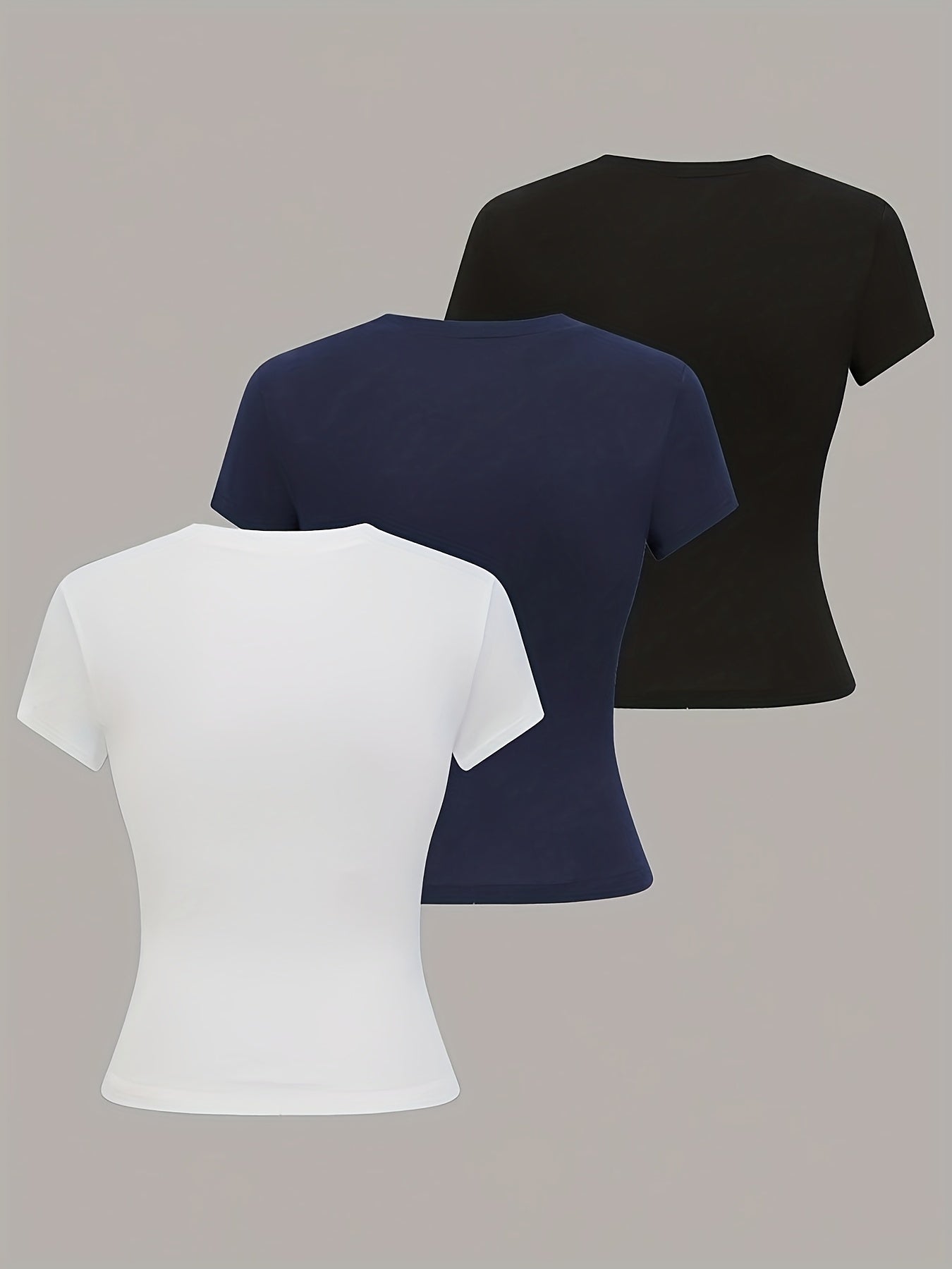 3pcs Women'S Basic Crew Neck Short Sleeve Crop T-Shirts in Black, White, and Gray - Slim Fit, Stretchy Polyester Blend, Cute & Versatile for Spring/Summer, Casual Outings, Vacation Attire | Basic Crop Top | Textur