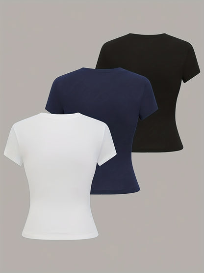 3pcs Women'S Basic Crew Neck Short Sleeve Crop T-Shirts in Black, White, and Gray - Slim Fit, Stretchy Polyester Blend, Cute & Versatile for Spring/Summer, Casual Outings, Vacation Attire | Basic Crop Top | Textur