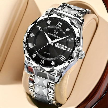 Men'S Quartz Business Watch with Rhinestone-Embellished Luminous Dial, Stainless Steel Strap & Case, Date & Day Display, IPX7 Water-Resistant - Ideal for Travel, Work, Outdoor - Perfect Gift for Birthdays, Holidays, Anniversa