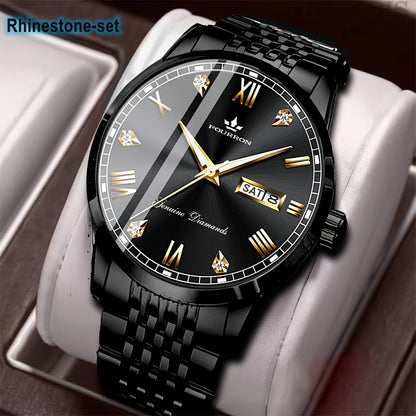 1pc Elegant Rhinestone-Set Stainless Steel Bracelet Watch for Men - Quartz, Date & Calendar Display, Glow-in-the-Dark Hands, Waterproof, Business Casual Style, Ideal Gift for Birthdays & Holidays, Casual Accessory | Elegant W
