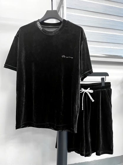 Men'S Fashion Velvet Knit Pullover Set, Contrast Letter Embroidery Top and Solid Color Drawstring Shorts, Simple Casual Outing Commuting Vacation Light Luxury Set, Regular Fit Elastic Knit Two-Piece Set, High-end Sheen Light