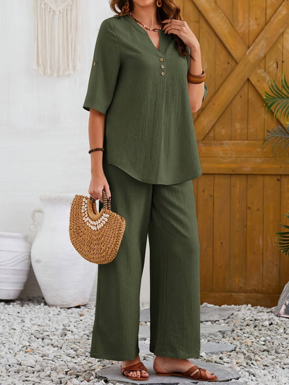 2pcs Women'S Olive Green Casual Short Sleeve Top & Wide-Leg Pants Set - Elegant Button-Up Blouse with Pockets, High-Waisted Jumpsuit for Spring/Summer/Fall, Versatile Outfit | Buttonup Blouse | Texture
