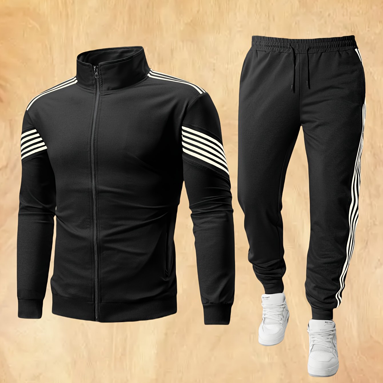 Men'S Spring And Autumn Sports Leisure Set Featuring a Stand-Up Collar Zip-Up Long Sleeve Top, Drawstring Waist Long Pants, Suitable for Running, Outdoor Fitness, And Home Wear, with Pockets And Zippers.