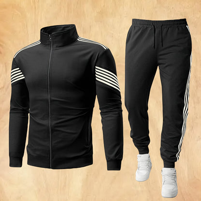 Men'S Spring And Autumn Sports Leisure Set Featuring a Stand-Up Collar Zip-Up Long Sleeve Top, Drawstring Waist Long Pants, Suitable for Running, Outdoor Fitness, And Home Wear, with Pockets And Zippers.