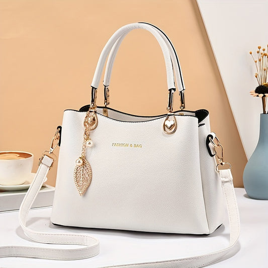 Elegant Wo 's Handbag with Detachable Shoulder Strap, Golden-Tone Hardware & Chic Leaf Charm - Stylish White Satchel for Everyday Use, Casual Chic Bag | Stylish Charm Handbag | Bag