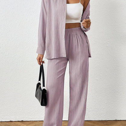 2pcs Women Spring & Autumn Casual Solid Color Long Sleeve Shirt And Pants Set