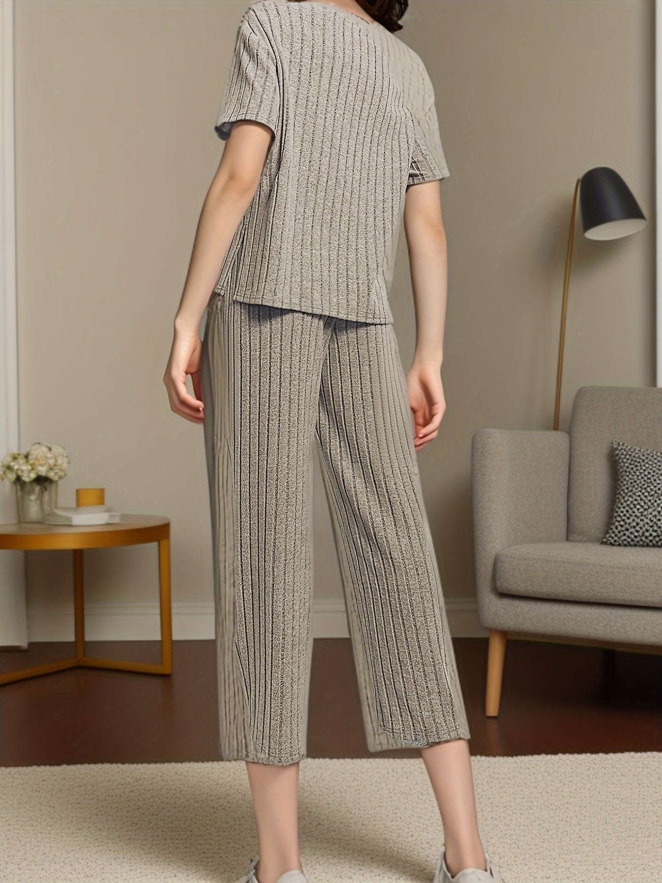 Women's Solid Ribbed Elegant Loose Fit Lounge Set, Short Sleeve Round Neck Top & Pants, Comfortable Relaxed Fit