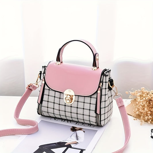 Women'S Vintage Plaid Crossbody Bag with Detachable Shoulder Strap, Zipper Closure, Polyester Lining & Edge Paint - Pink & Black Checkered Design, Perfect for Teens & Women, Ideal Gift for Birthdays, Anniversaries, Valentine'