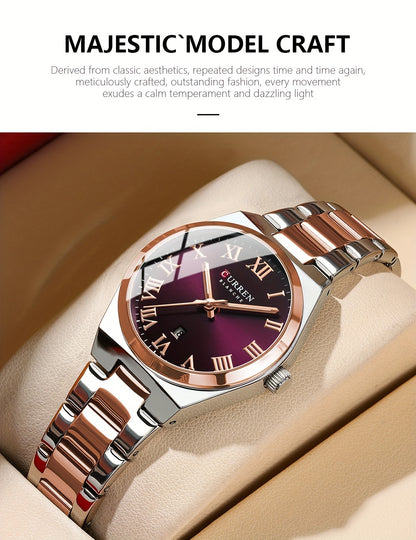 Fashionable Brand Of CURREN Ladies' Watches With A Casual And Simple Stainless Steel Strap, Featuring A Calendar And Quartz Movement.