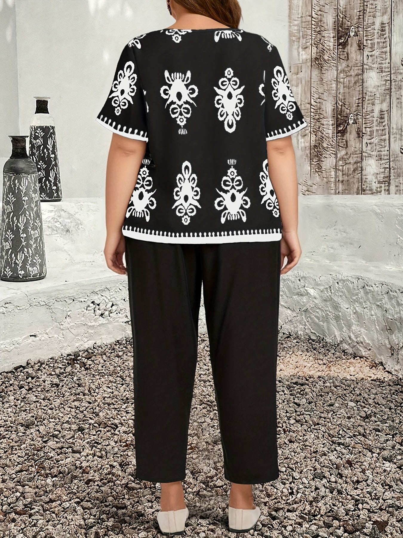 Plus Size Casual Country Print Loose Long Sleeve Pullover and Pants Two-Piece Set, Elegant Autumn Leonie