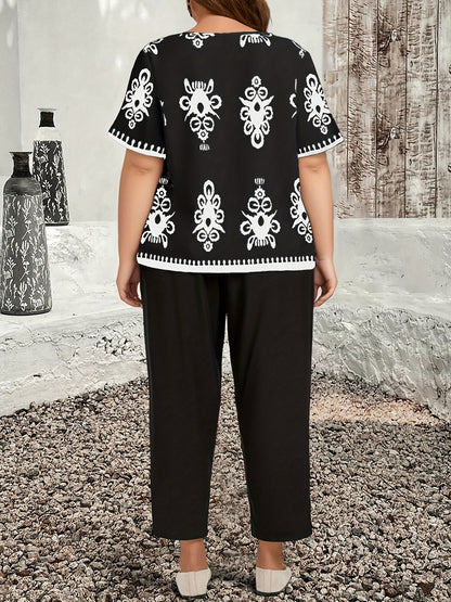 Plus Size Casual Country Print Loose Long Sleeve Pullover and Pants Two-Piece Set, Elegant Autumn Leonie