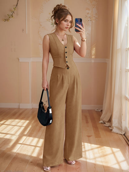 Design-Savvy Red Mini-Chic Sleeveless Suit Vest and Wide-Leg Pants Two-Piece Set