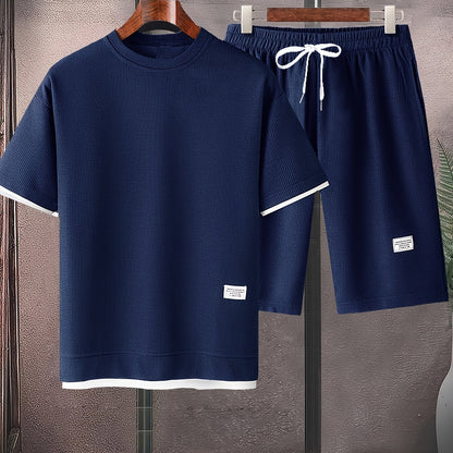 Waffle short-sleeved T-shirt Men's casual sports suit summer loose fake two-piece half-sleeve T-shirt set
