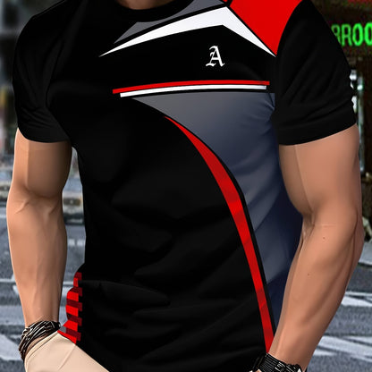 Men's Black 3D Geometric Print T-Shirt – Casual Short Sleeve Summer Tee with Red & Gray Accents, Round Neck, Machine Washable for Outdoor Sports, Everyday Comfort, Durable Fabric