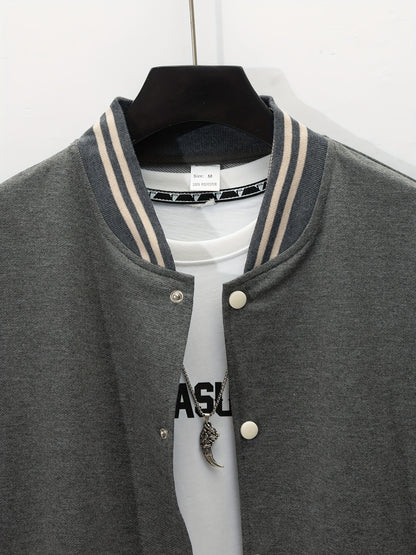 Men's Casual Baseball Jacket & Pants Set - Color Block, Polyester, Button-Up with Belt Detail for Spring/Fall