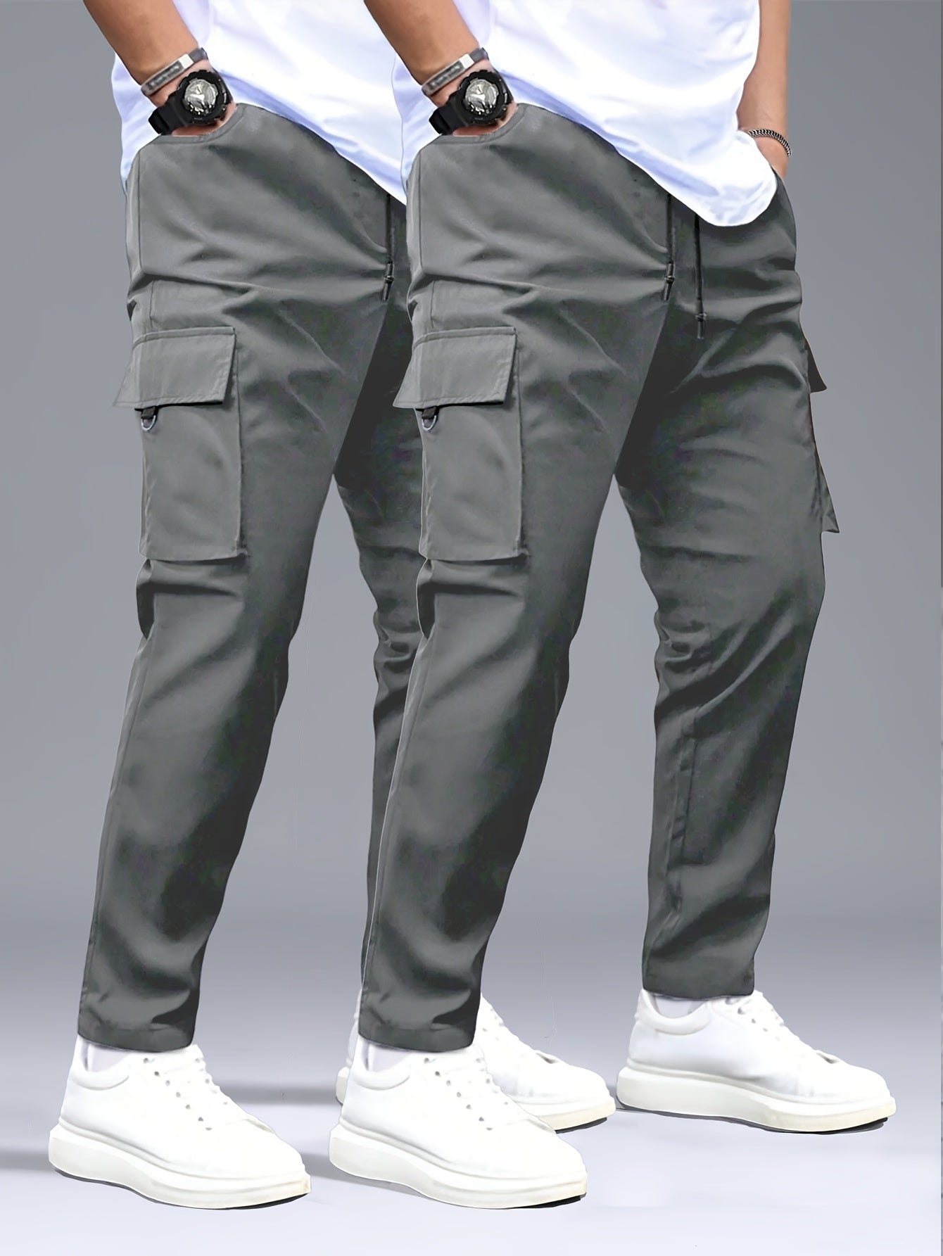 2pcs Men's Cargo Pants, Black & Gray with Drawstring Waist and Multiple Pockets, Durable Polyester, Ideal for Outdoor Activities and Casual Wear, Casual Wear Pants | Multiple Pocket Design | Durable Fabric Pants