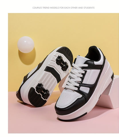 Kids Unisex Skateboard Shoes, 8-Wheel Removable Roller Skates, Plaid Fabric Low Top Sneakers, Lace-Up, TPR Sole, Fabric Insole, for Hiking & Casual Wear, Suitable for Boys & Girls Ages 14 and Under, All-Season