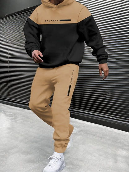 Men'S Fall/Winter Casual Polyester Sweatsuit Set - Long Sleeve Hooded Top with Letter Print & Patchwork Design, Regular Fit Drawstring Joggers, Knit Fabric, Slight Stretch