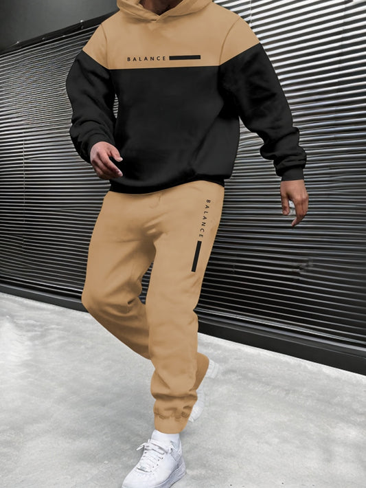 Men'S Fall/Winter Casual Polyester Sweatsuit Set - Long Sleeve Hooded Top with Letter Print & Patchwork Design, Regular Fit Drawstring Joggers, Knit Fabric, Slight Stretch