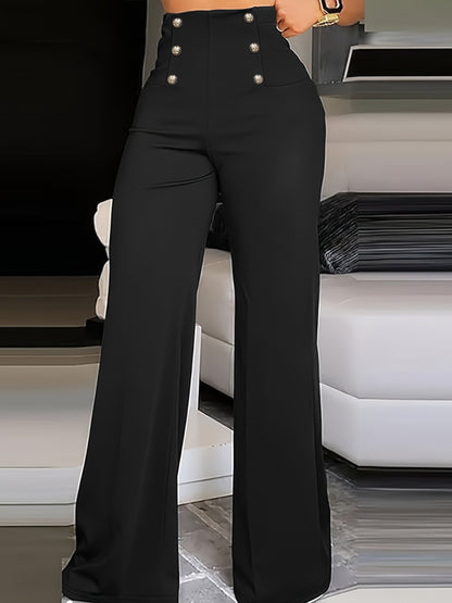 Women'S Elegant High-Waist Wide Leg Pants - Black Polyester Straight Leg with Button Detail, All-Season Fashionable Trousers for Casual or Dressy Wear